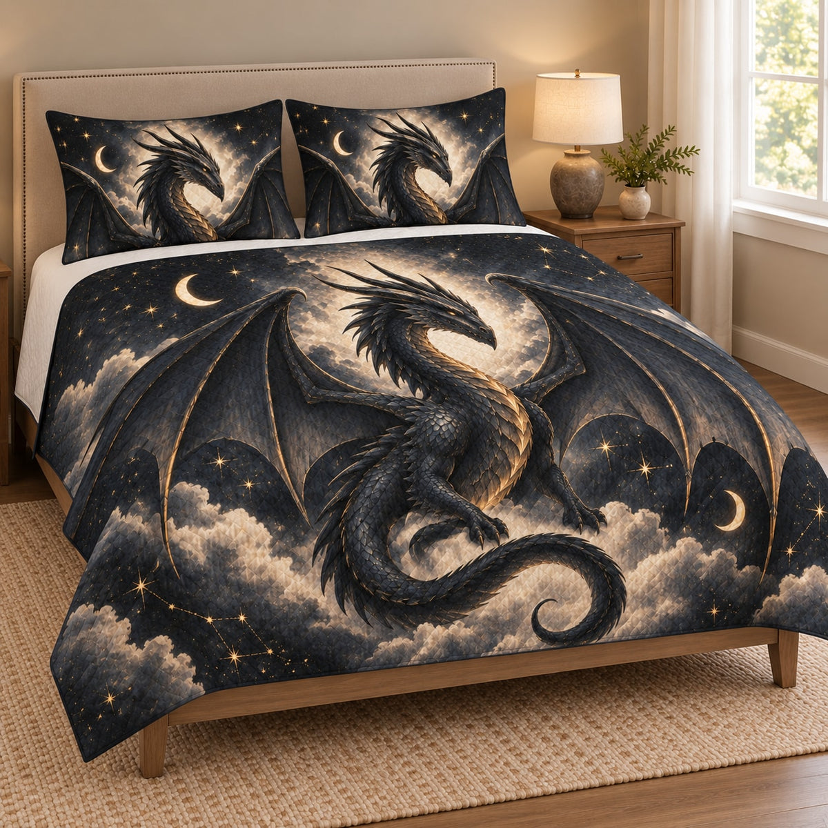 Celestial Black Dragon Moon Quilt Set on a bed, angled view showing the quilt design and two coordinating pillow shams