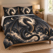 Celestial Black Dragon Moon Quilt Set on a bed, angled view showing the quilt design and two coordinating pillow shams