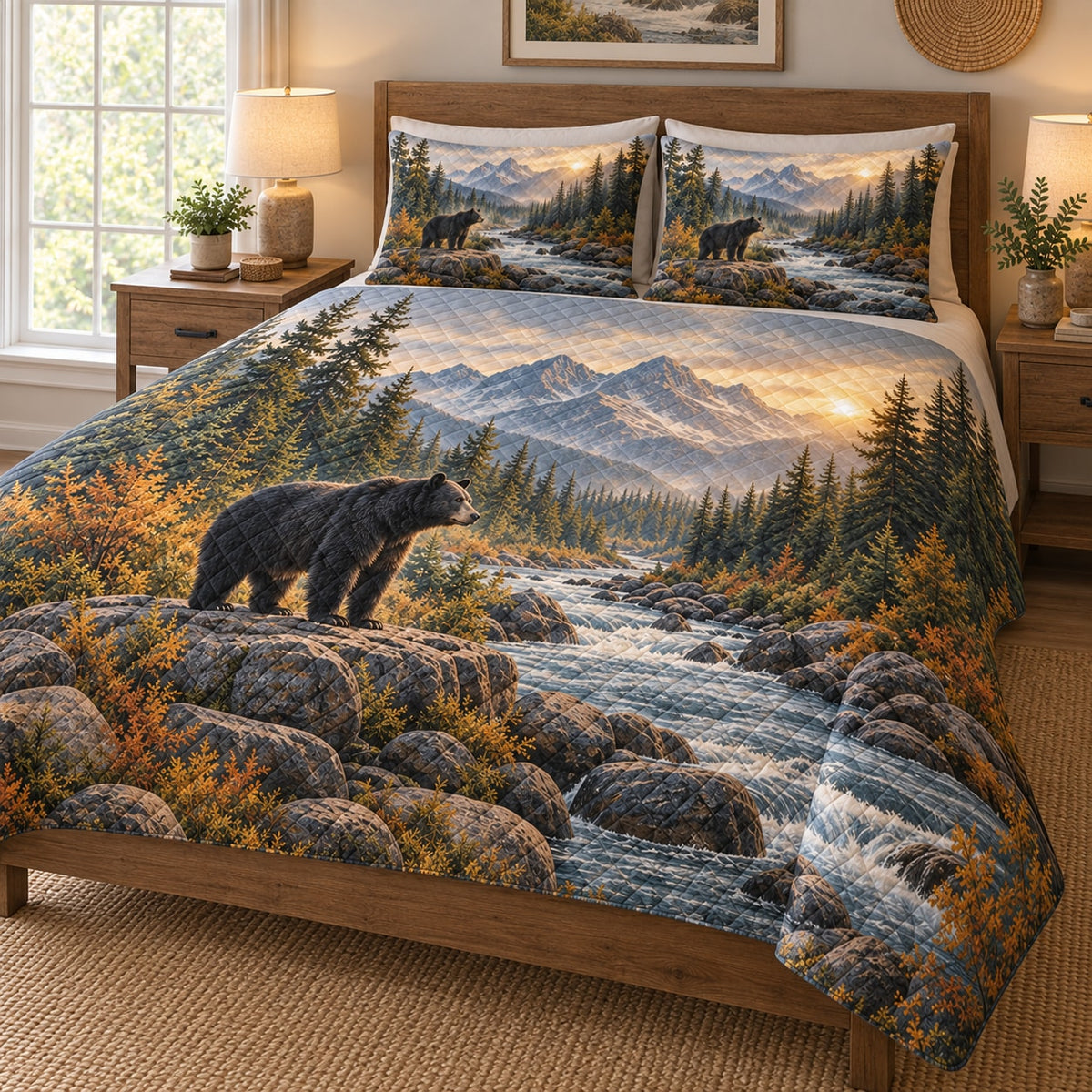 Black Bear Mountain River Quilt Set on a bed, angled view showing the quilt design and two coordinating pillow shams