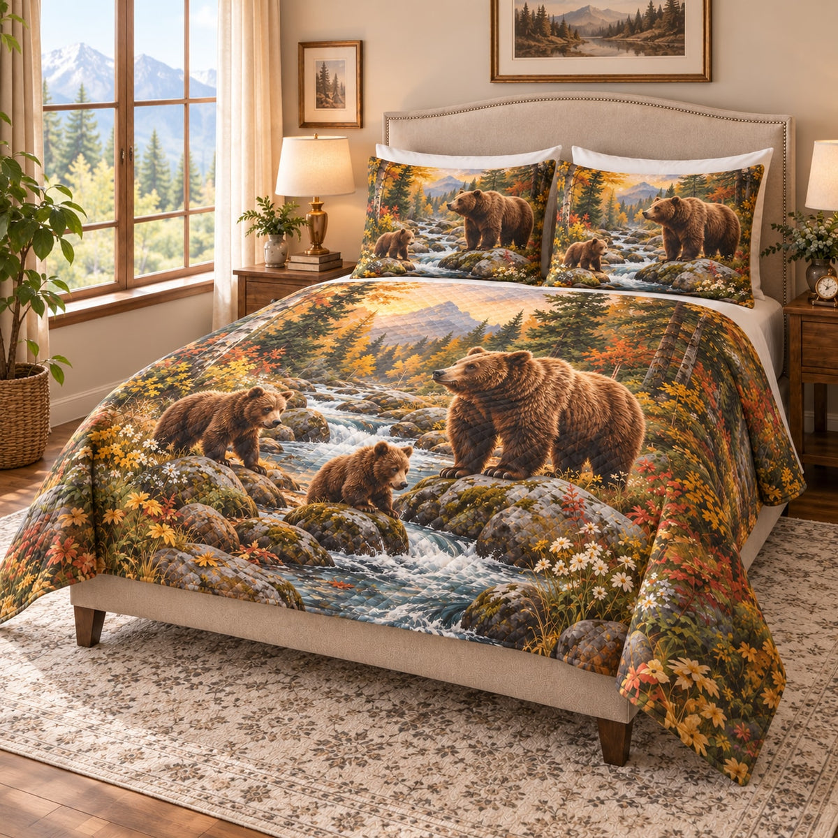 Brown Bear Family River Quilt Set on a bed, angled view showing the quilt design and two coordinating pillow shams