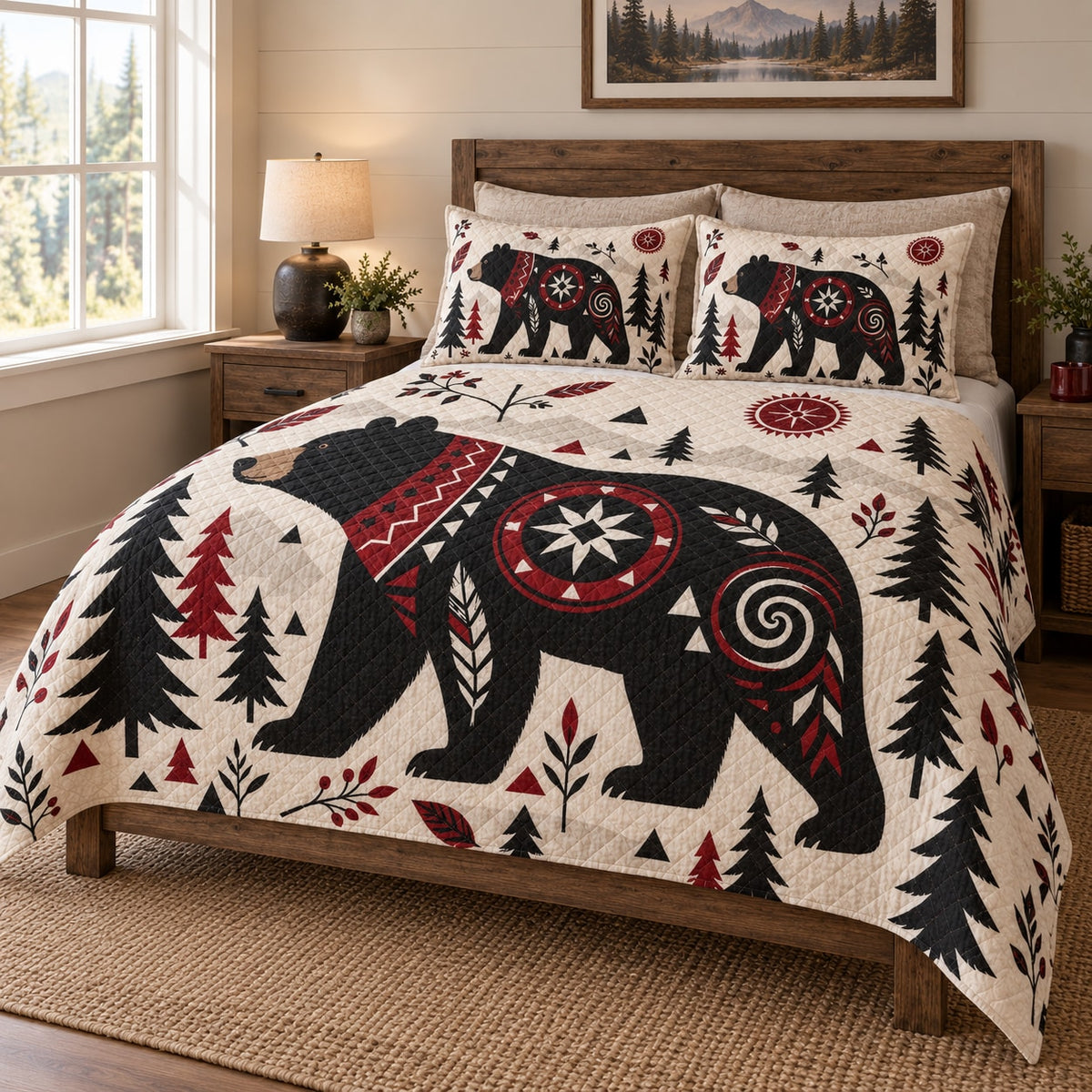 Nordic Black Bear Forest Quilt Set on a bed, angled view showing the quilt design and two coordinating pillow shams
