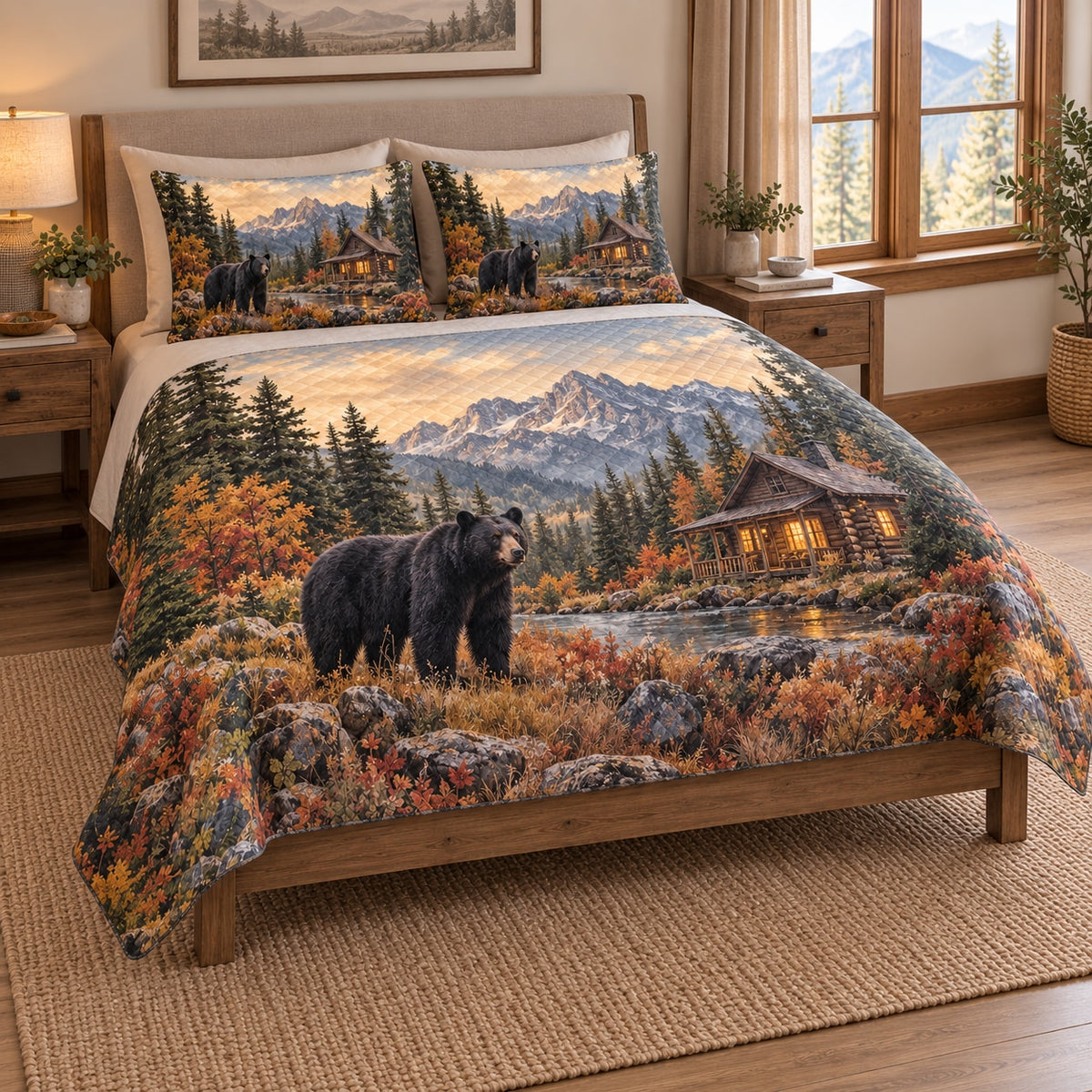 Black Bear Cabin Mountain Quilt Set on a bed, angled view showing the quilt design and two coordinating pillow shams