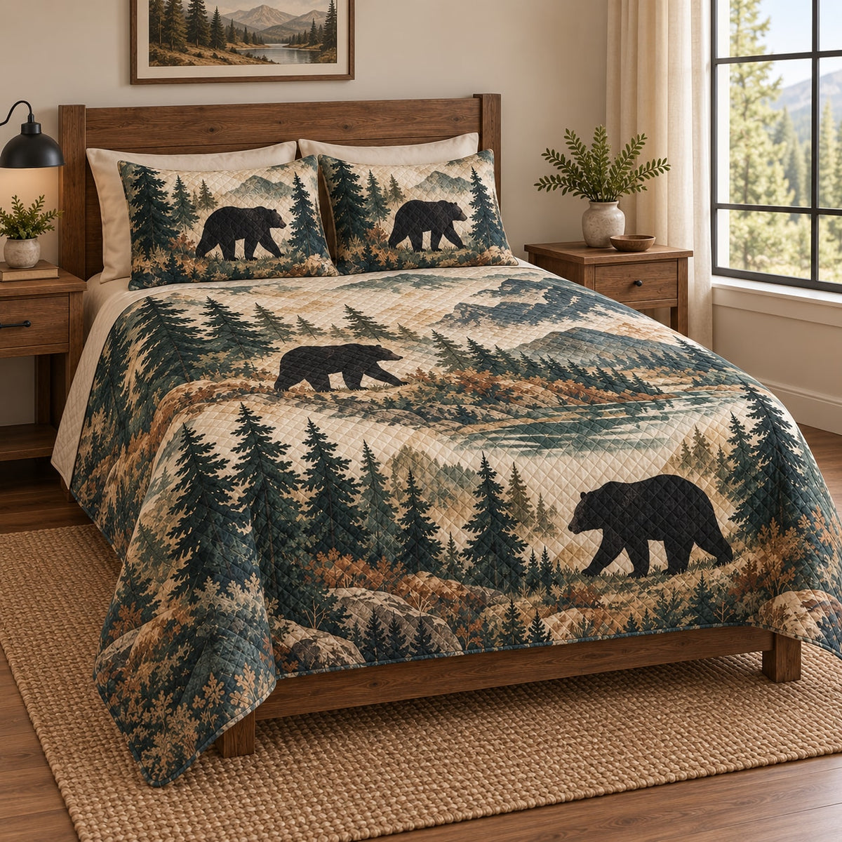 Black Bear Mountain Forest Quilt Set on a bed, angled view showing the quilt design and two coordinating pillow shams