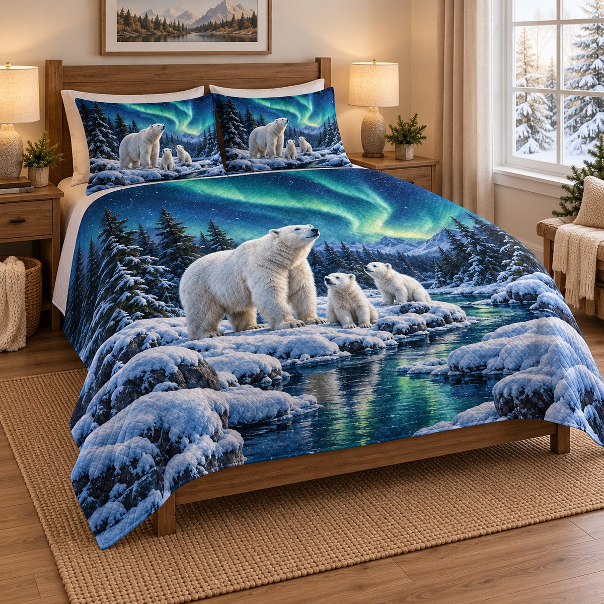 Polar Bear Aurora Winter Quilt Set on a bed, angled view showing the quilt design and two coordinating pillow shams