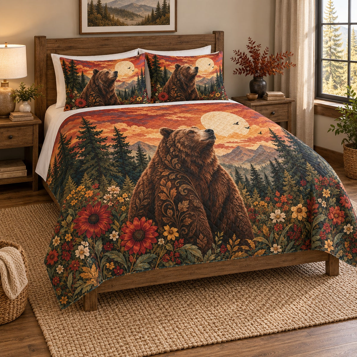 Autumn Brown Bear Floral Quilt Set on a bed, angled view showing the quilt design and two coordinating pillow shams