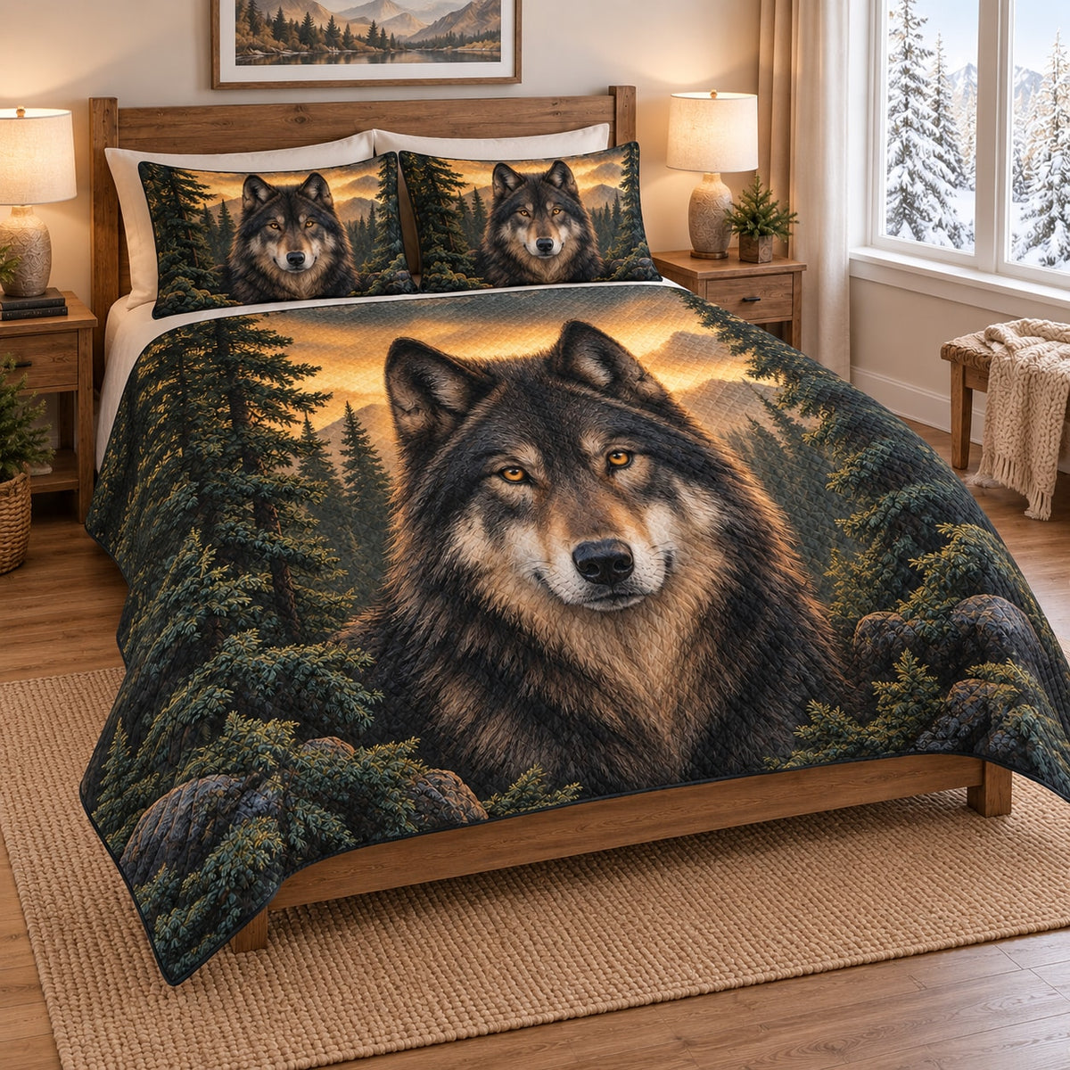Wolf Mountain Forest Quilt Set on a bed, angled view showing the quilt design and two coordinating pillow shams