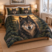 Wolf Mountain Forest Quilt Set on a bed, angled view showing the quilt design and two coordinating pillow shams