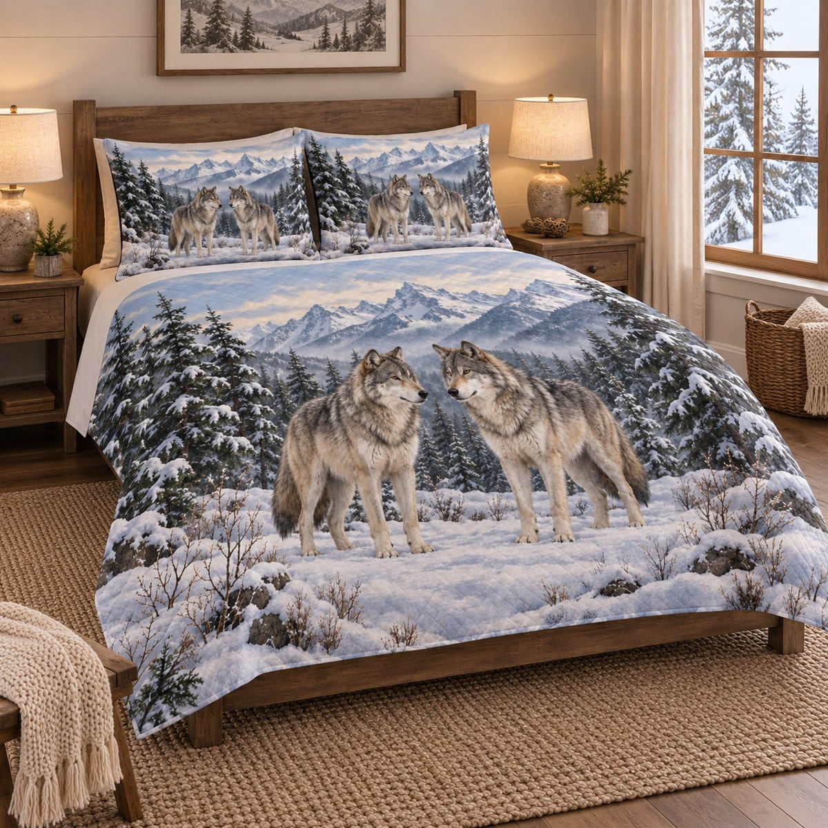 Winter Wolf Mountain Forest Quilt Set on a bed, angled view showing the quilt design and two coordinating pillow shams