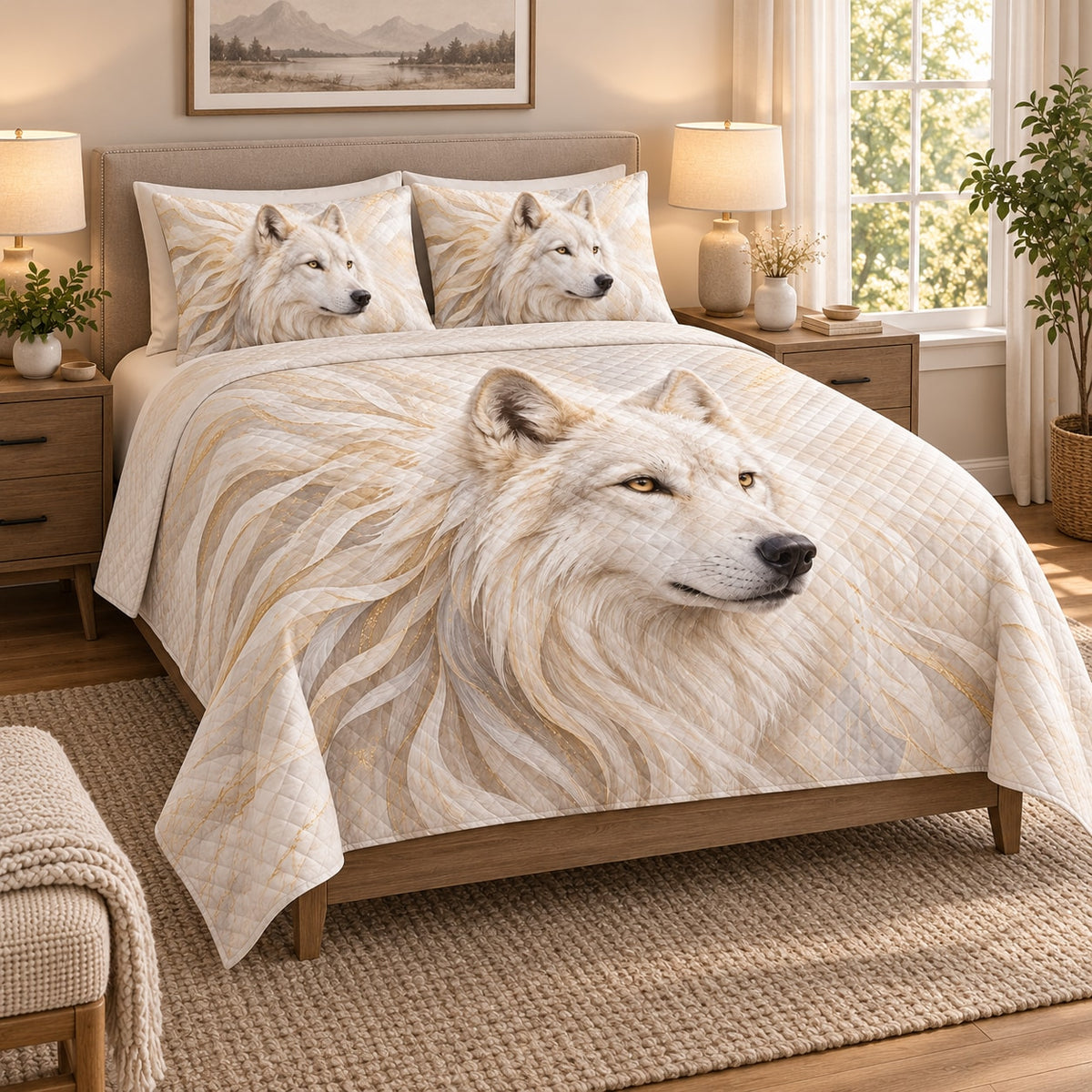White Wolf Gold Feather Quilt Set on a bed, angled view showing the quilt design and two coordinating pillow shams