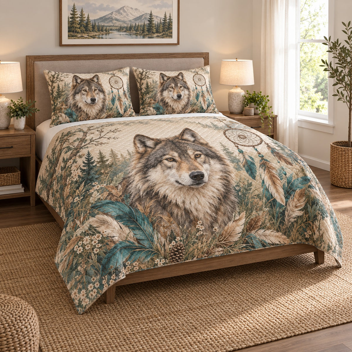 Wolf Dreamcatcher Feather Forest Quilt Set on a bed, angled view showing the quilt design and two coordinating pillow shams