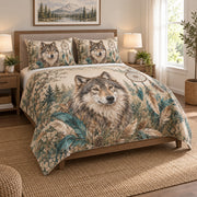 Wolf Dreamcatcher Feather Forest Quilt Set on a bed, angled view showing the quilt design and two coordinating pillow shams
