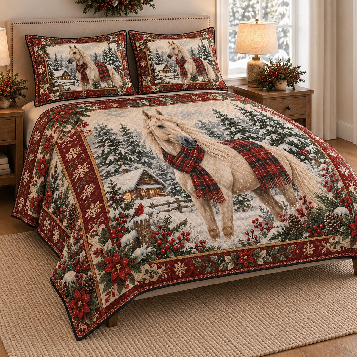 Christmas White Horse Winter Quilt Set: angled bedroom view showing the quilt artwork and coordinating shams