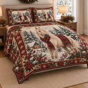 Christmas White Horse Winter Quilt Set: angled bedroom view showing the quilt artwork and coordinating shams