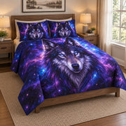 Galaxy Wolf Purple Night Quilt Set on a bed, angled view showing the quilt design and two coordinating pillow shams