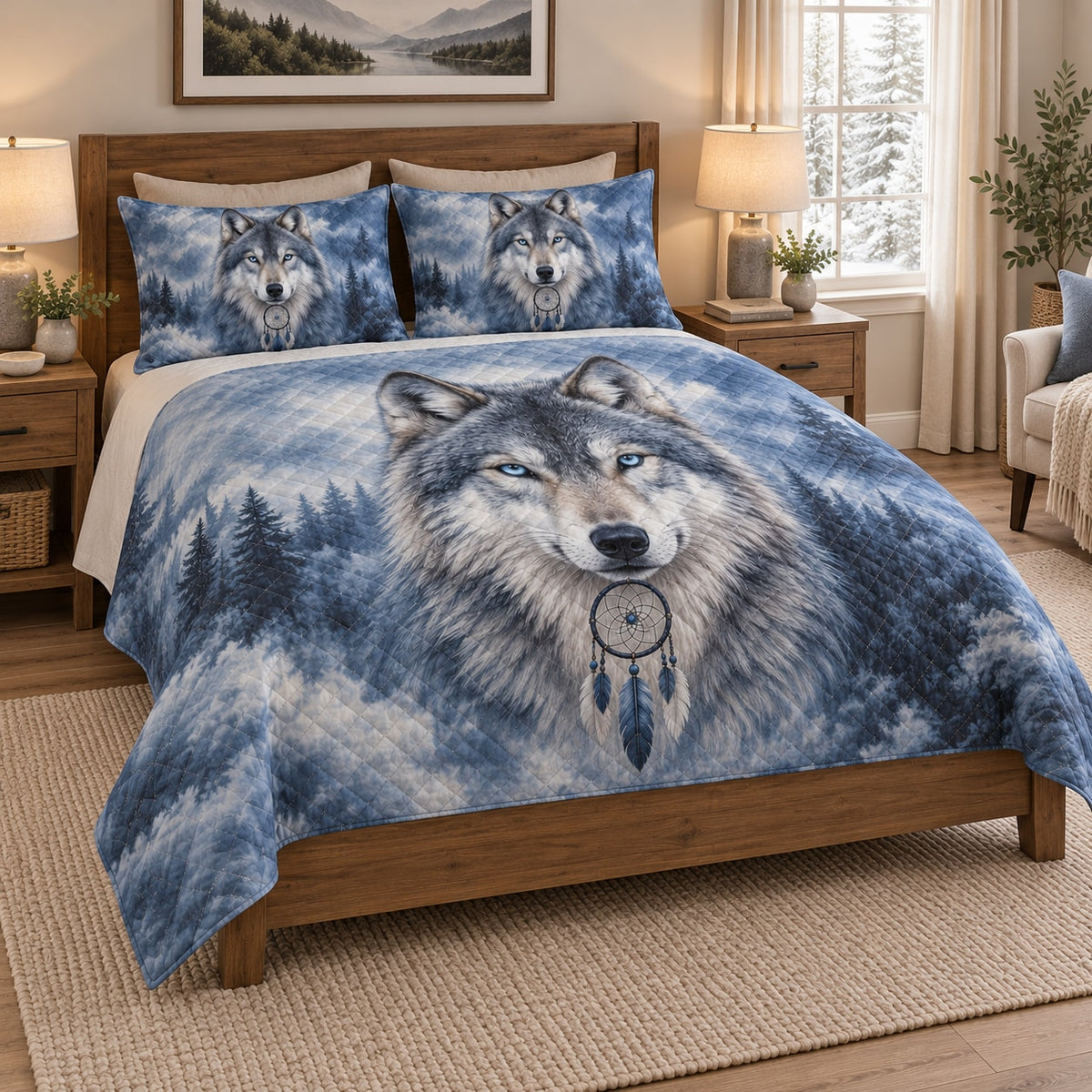 Wolf Dreamcatcher Winter Forest Quilt Set on a bed, angled view showing the quilt design and two coordinating pillow shams