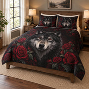Gothic Black Wolf Rose Quilt Set on a bed, angled view showing the quilt design and two coordinating pillow shams