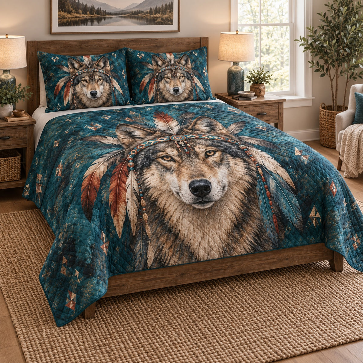 Boho Wolf Feather Headdress Quilt Set on a bed, angled view showing the quilt design and two coordinating pillow shams