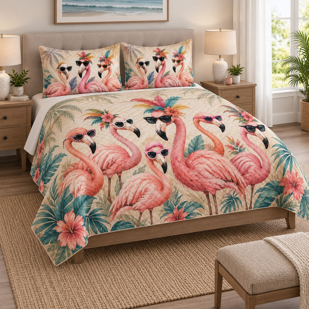 Tropical Flamingo Sunglasses Quilt Set on a bed, angled view showing the quilt design and two coordinating pillow shams