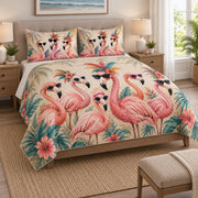 Tropical Flamingo Sunglasses Quilt Set on a bed, angled view showing the quilt design and two coordinating pillow shams