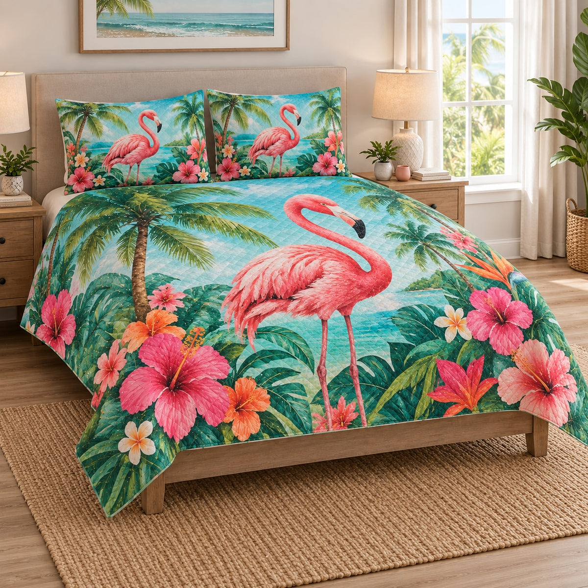 Tropical Flamingo Hibiscus Beach Quilt Set on a bed, angled view showing the quilt design and two coordinating pillow shams