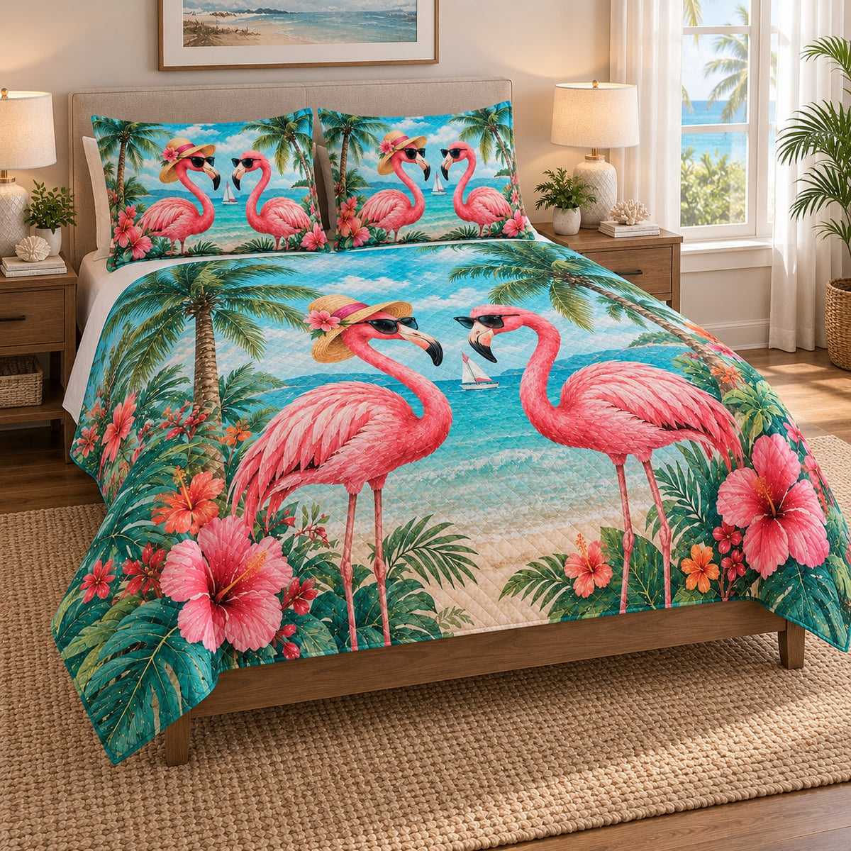 Tropical Flamingo Beach Love Quilt Set on a bed, angled view showing the quilt design and two coordinating pillow shams