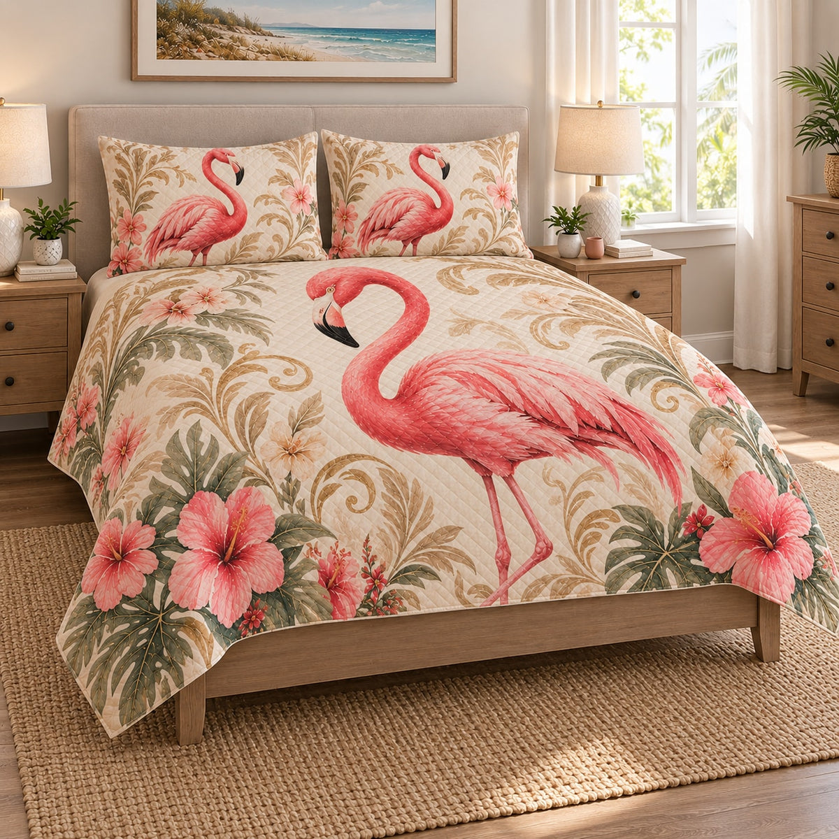 Elegant Flamingo Floral Tropical Quilt Set on a bed, angled view showing the quilt design and two coordinating pillow shams
