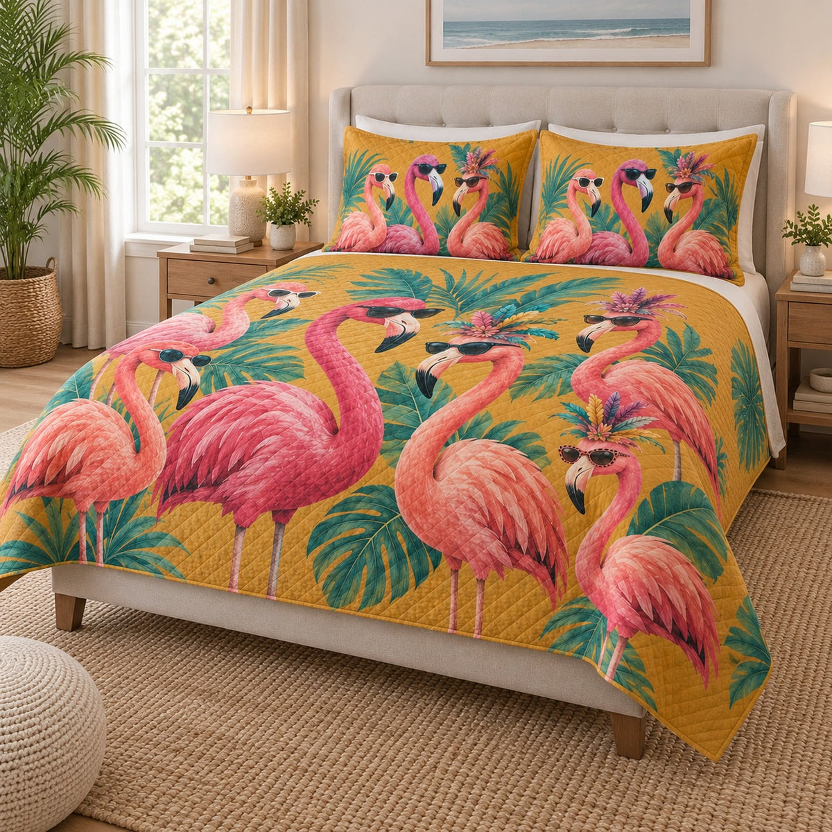 Tropical Flamingo Sunglasses Summer Quilt Set on a bed, angled view showing the quilt design and two coordinating pillow shams