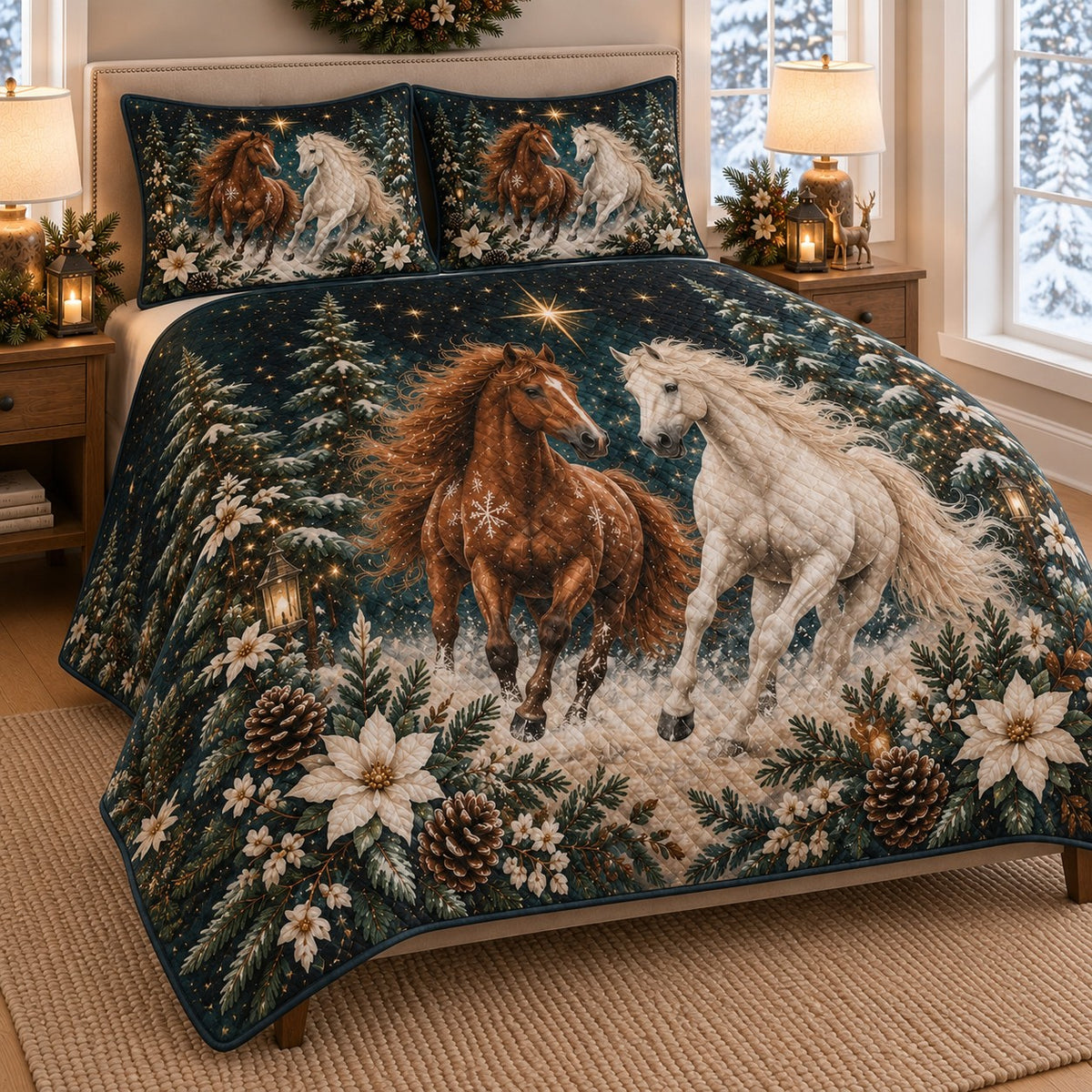 Christmas Horse Winter Forest Quilt Set: angled bedroom view showing the quilt artwork and coordinating shams