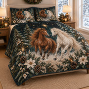 Christmas Horse Winter Forest Quilt Set: angled bedroom view showing the quilt artwork and coordinating shams