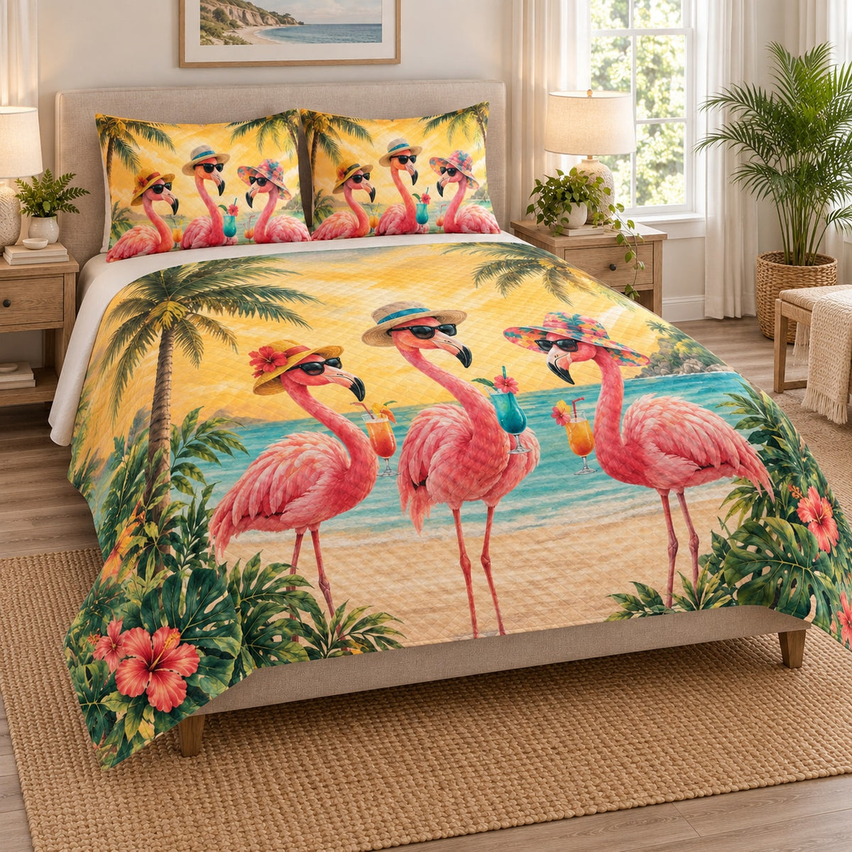 Tropical Flamingo Beach Party Quilt Set on a bed, angled view showing the quilt design and two coordinating pillow shams