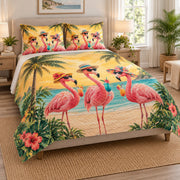 Tropical Flamingo Beach Party Quilt Set on a bed, angled view showing the quilt design and two coordinating pillow shams