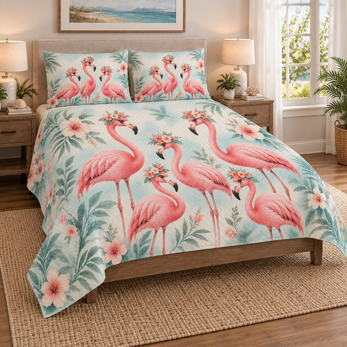 Floral Flamingo Tropical Garden Quilt Set on a bed, angled view showing the quilt design and two coordinating pillow shams