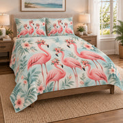 Floral Flamingo Tropical Garden Quilt Set on a bed, angled view showing the quilt design and two coordinating pillow shams