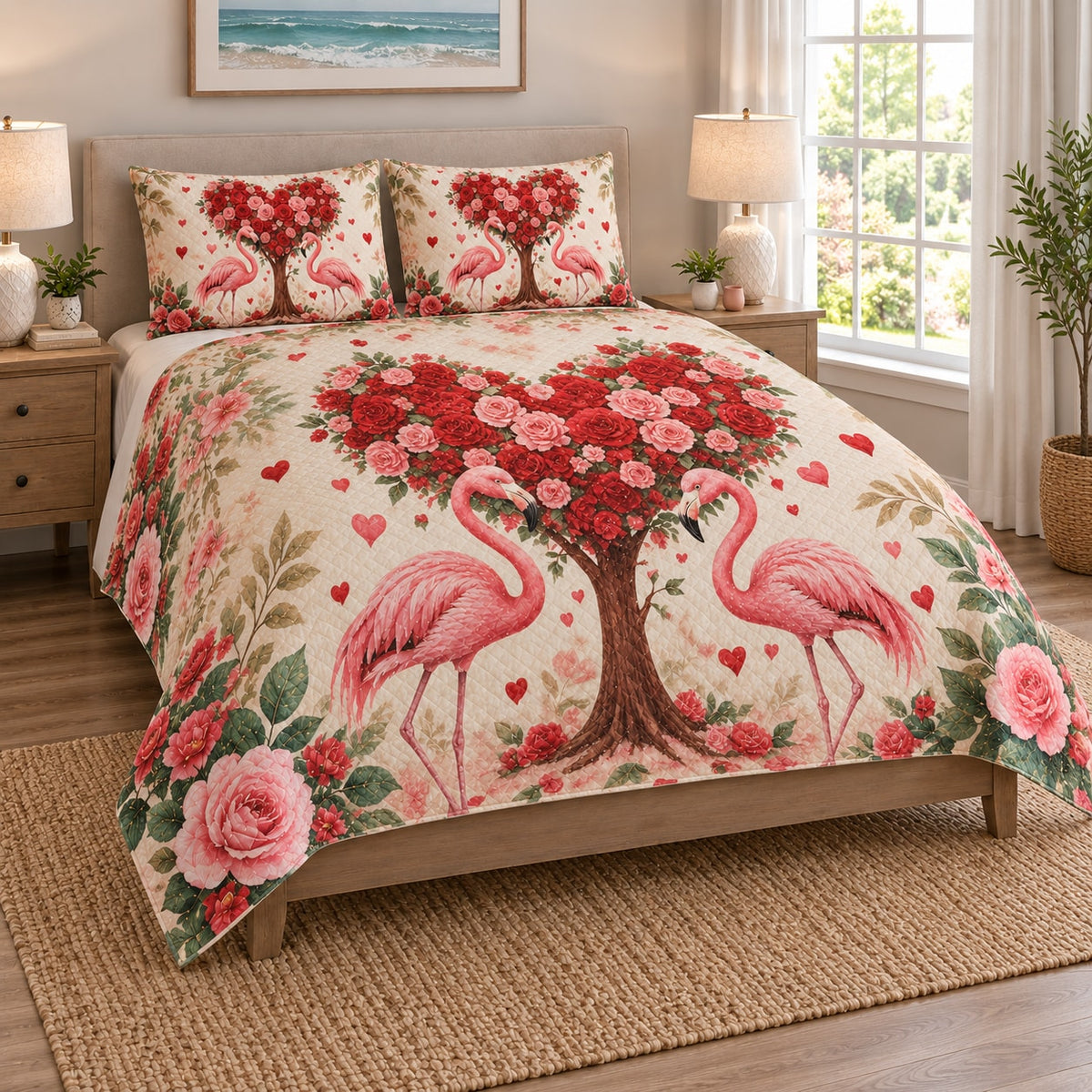 Couple Flamingo Rose Heart Quilt Set on a bed, angled view showing the quilt design and two coordinating pillow shams