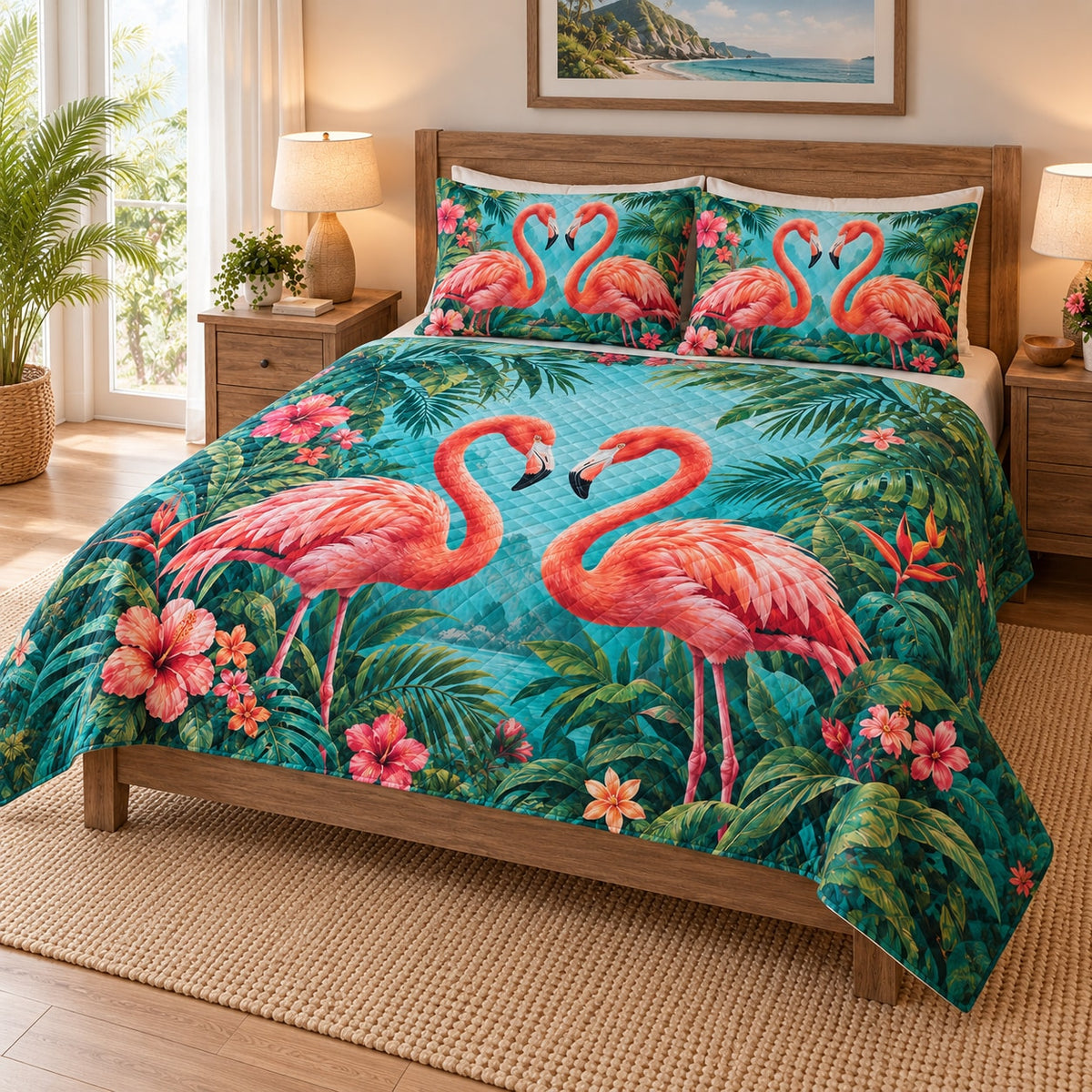 Tropical Flamingo Love Floral Quilt Set on a bed, angled view showing the quilt design and two coordinating pillow shams