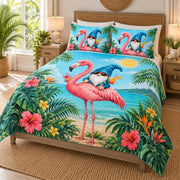 Tropical Flamingo Gnome Summer Quilt Set on a bed, angled view showing the quilt design and two coordinating pillow shams