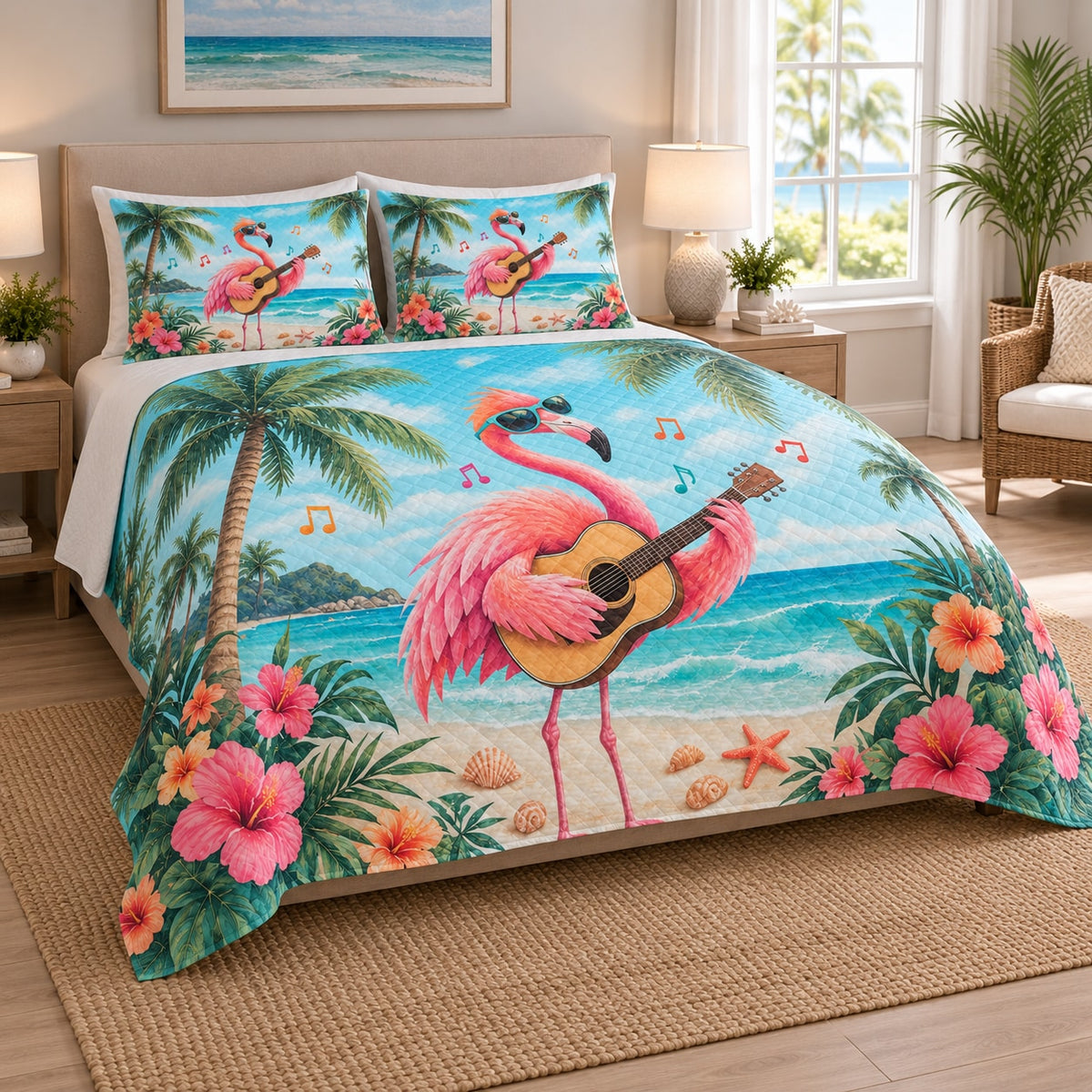 Flamingo Guitar Tropical Beach Quilt Set on a bed, angled view showing the quilt design and two coordinating pillow shams