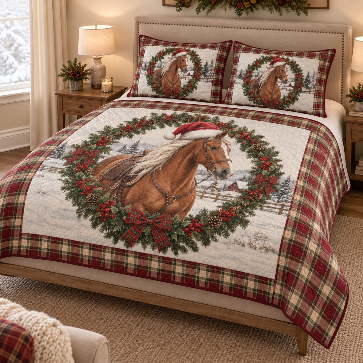 Christmas Horse Wreath Holiday Quilt Set: angled bedroom view showing the quilt artwork and coordinating shams