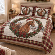 Christmas Horse Wreath Holiday Quilt Set: angled bedroom view showing the quilt artwork and coordinating shams