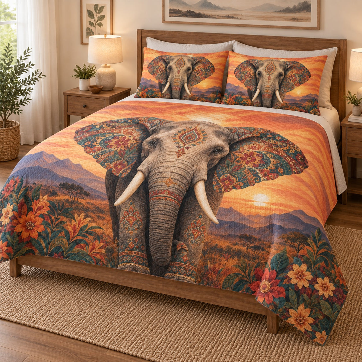 Boho Elephant Sunset Floral Quilt Set on a bed, angled view showing the quilt design and two coordinating pillow shams