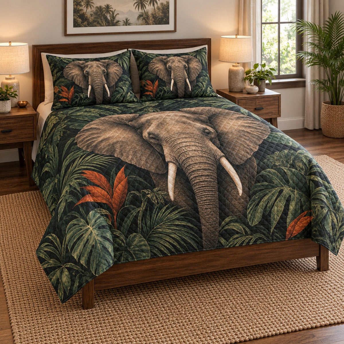 Tropical Elephant Jungle Nature Quilt Set on a bed, angled view showing the quilt design and two coordinating pillow shams