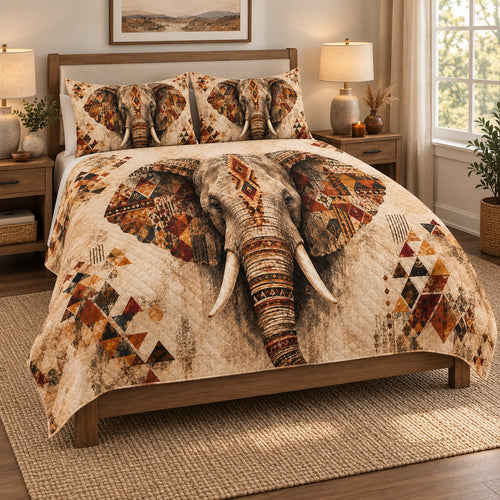 African Elephant Tribal Boho Quilt Set on a bed, angled view showing the quilt design and two coordinating pillow shams