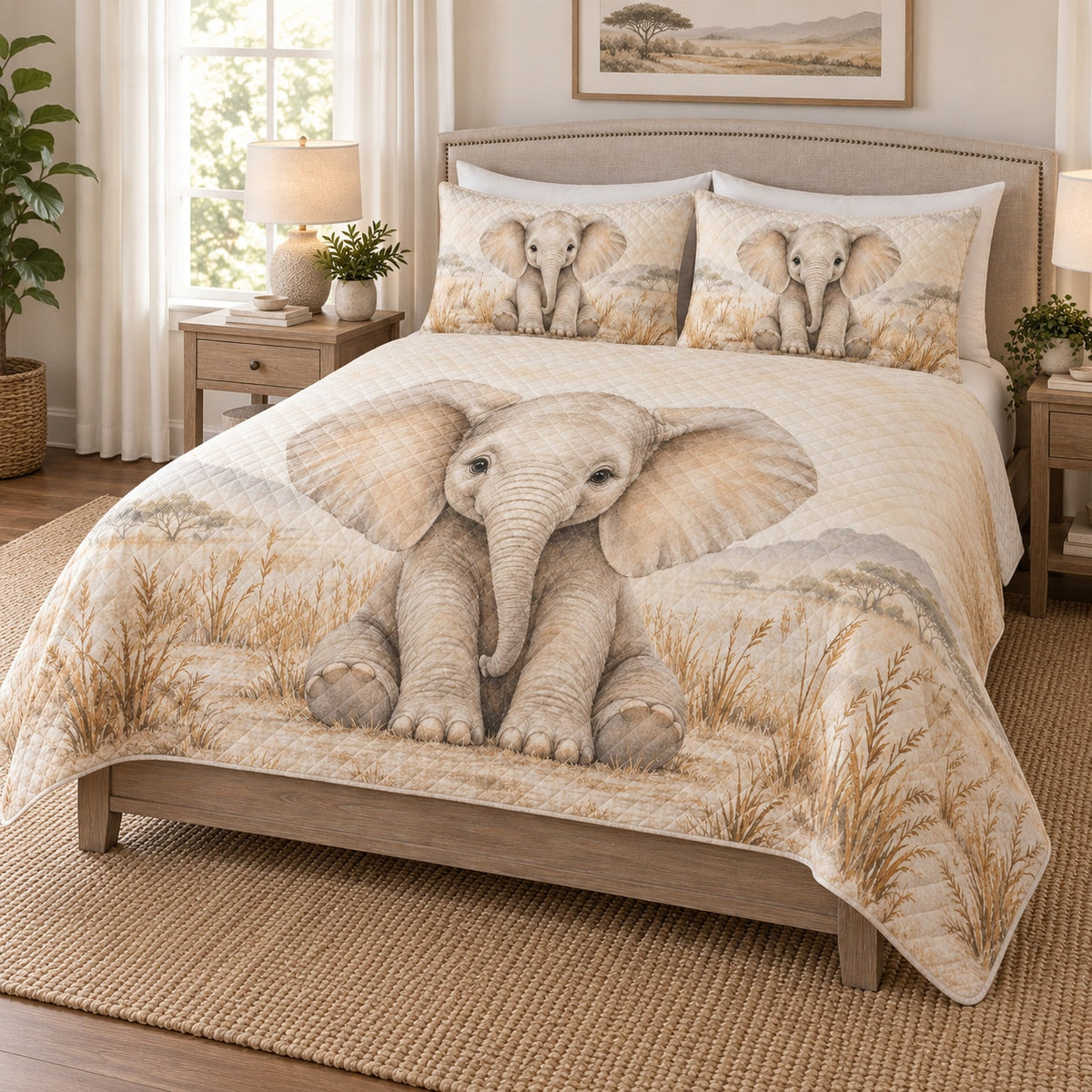 Neutral Baby Elephant Safari Quilt Set on a bed, angled view showing the quilt design and two coordinating pillow shams