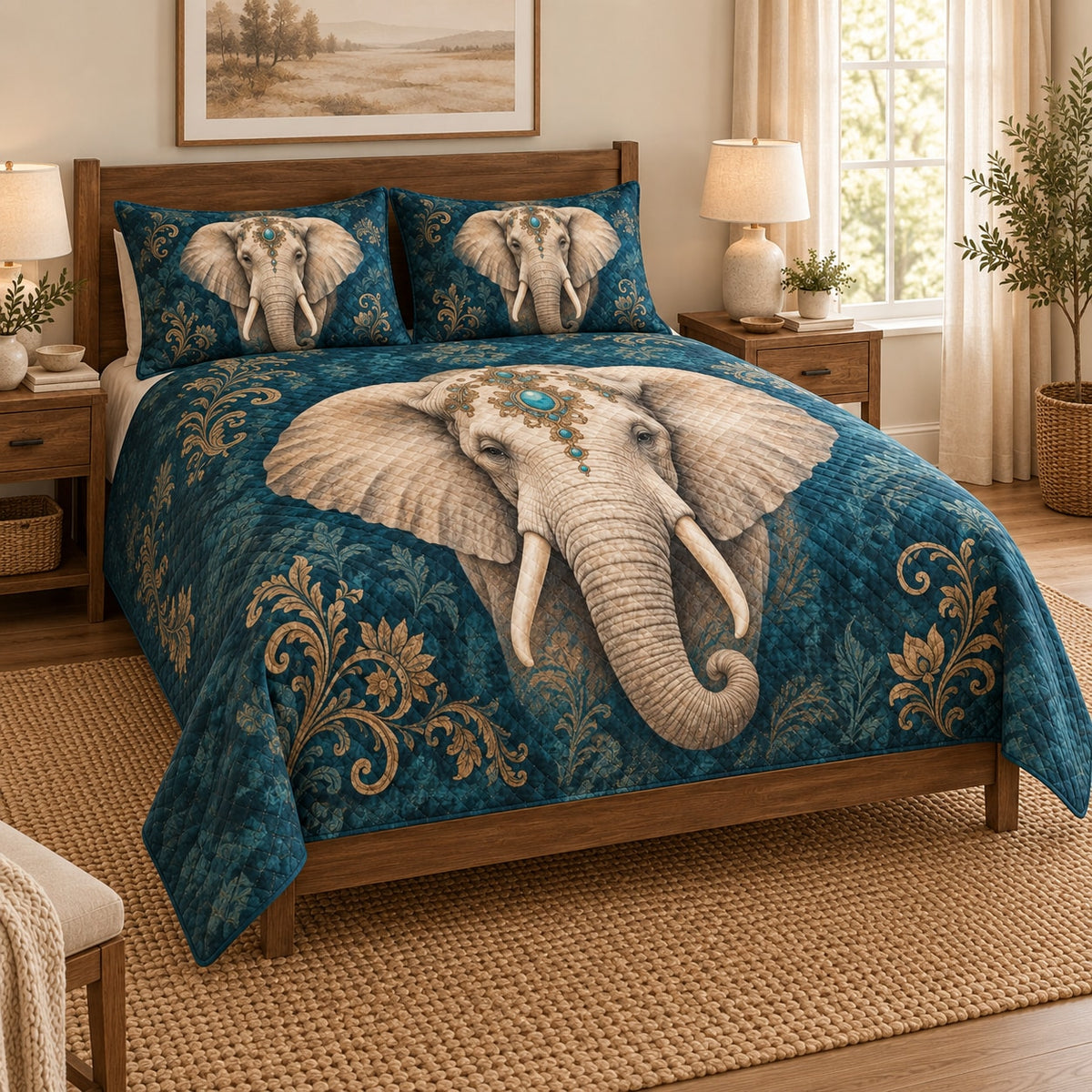 Boho Elephant Teal Gold Quilt Set on a bed, angled view showing the quilt design and two coordinating pillow shams