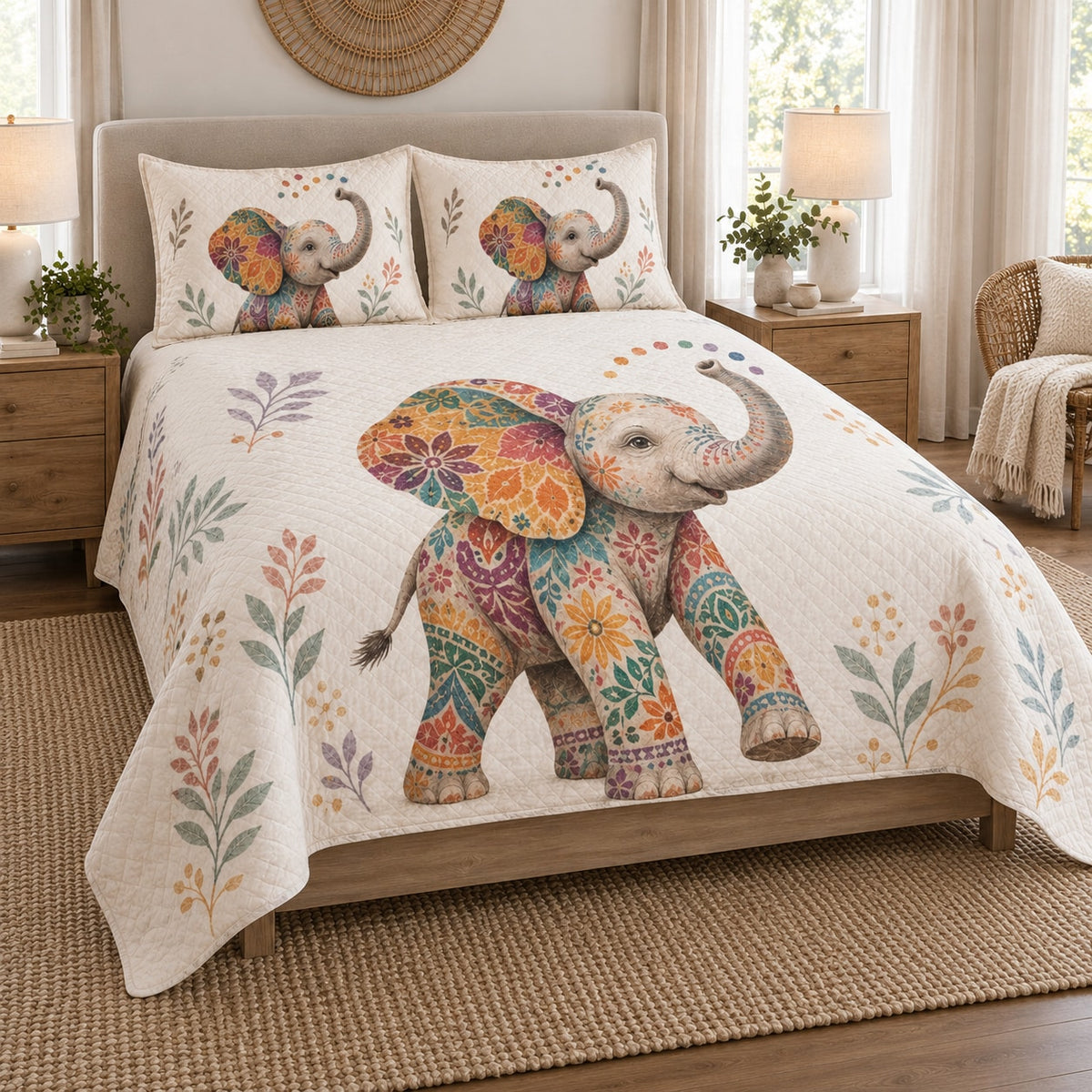 Boho Colorful Elephant Floral Quilt Set on a bed, angled view showing the quilt design and two coordinating pillow shams