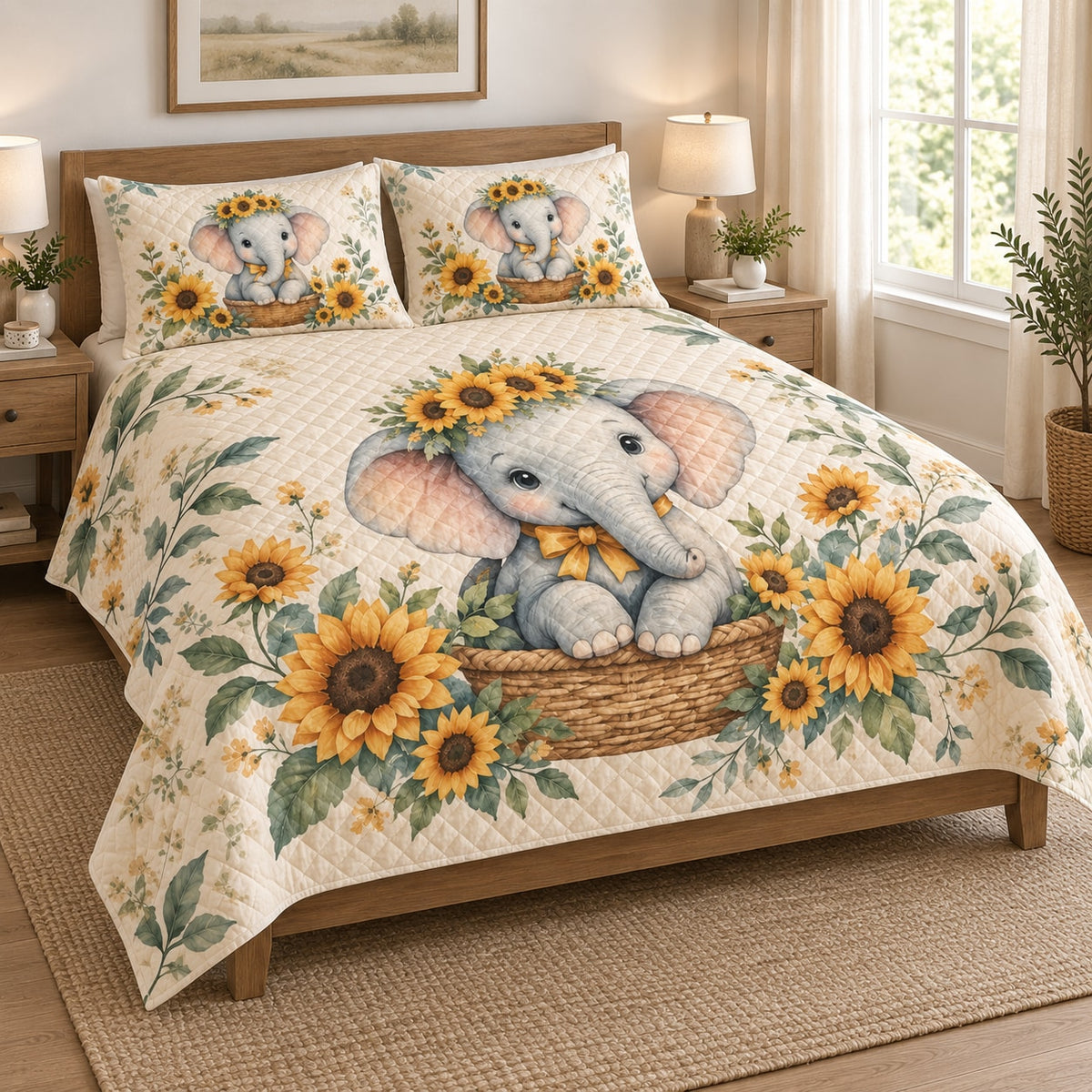 Baby Elephant Sunflower Floral Quilt Set on a bed, angled view showing the quilt design and two coordinating pillow shams