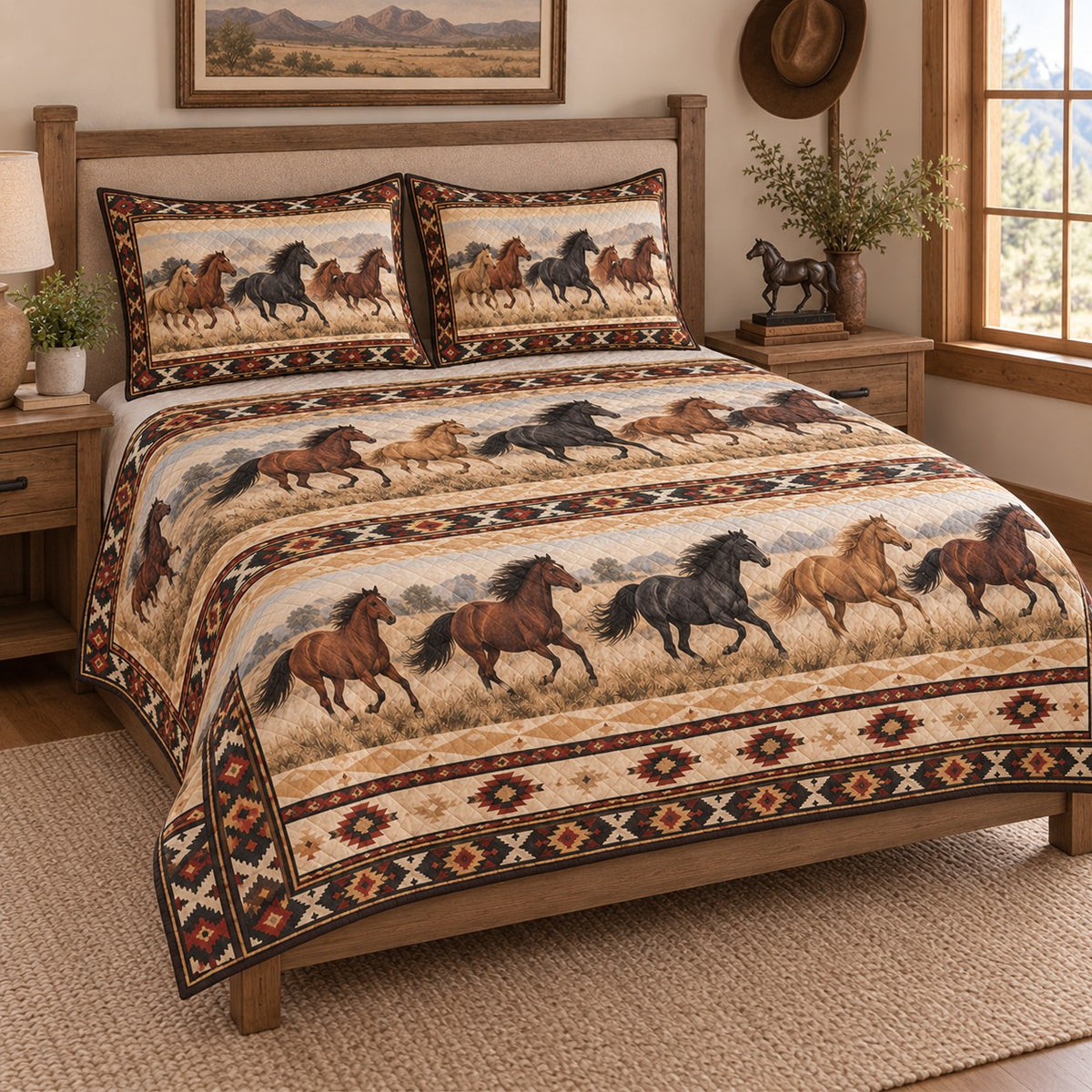 Wild Horse Western Southwestern Quilt Set: angled bedroom view showing the quilt artwork and coordinating shams