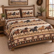 Wild Horse Western Southwestern Quilt Set: angled bedroom view showing the quilt artwork and coordinating shams