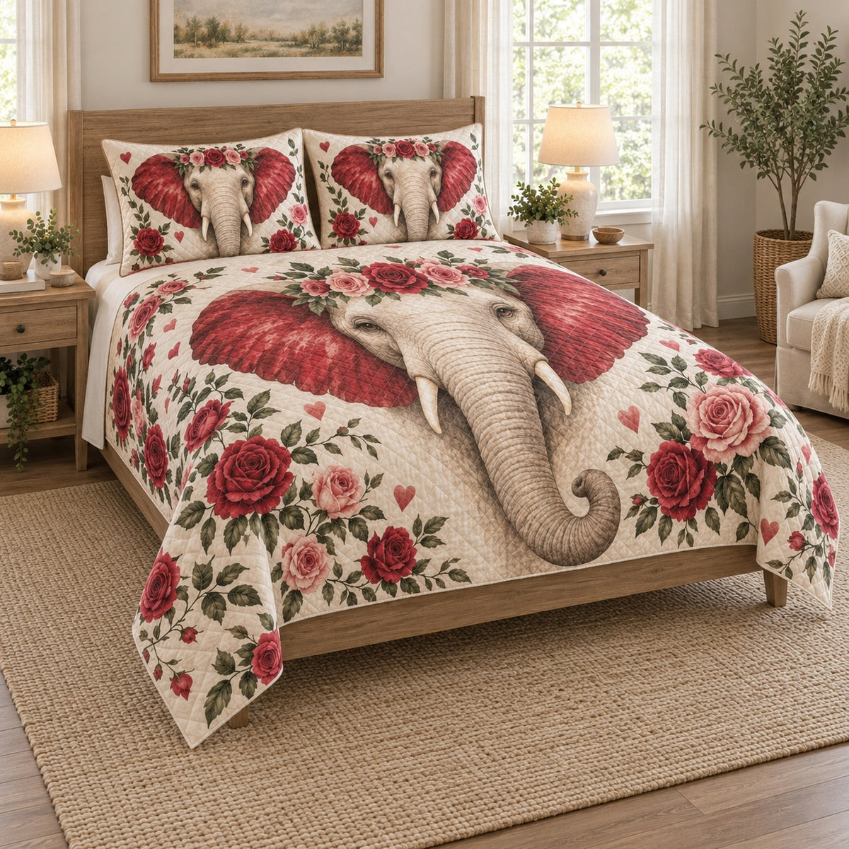 Romantic Elephant Rose Floral Quilt Set on a bed, angled view showing the quilt design and two coordinating pillow shams