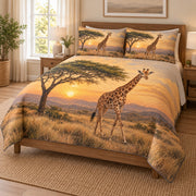 Giraffe Sunset Safari Quilt Set on a bed, angled view showing the quilt design and two coordinating pillow shams